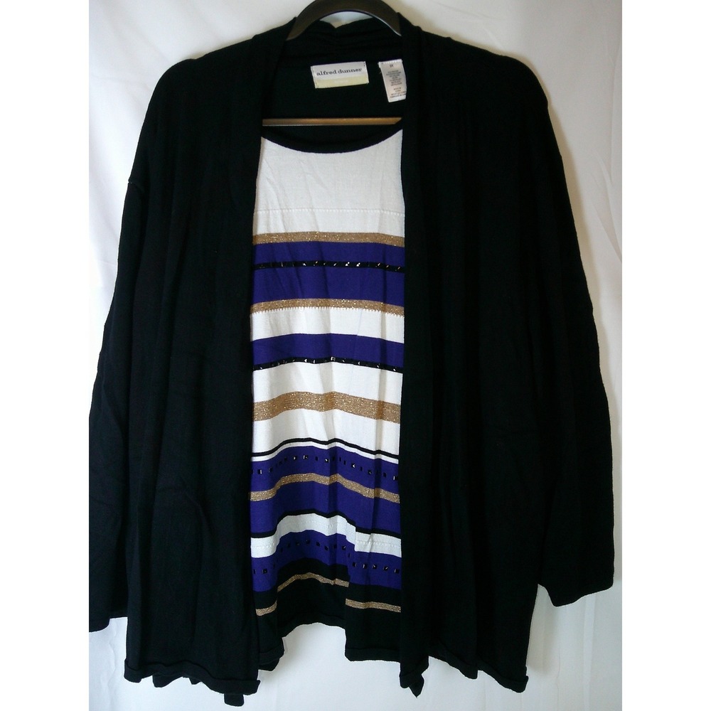 Alfred Dunner Woman 3X Black Purple Striped Beaded 2 Piece Cardigan Twin Set